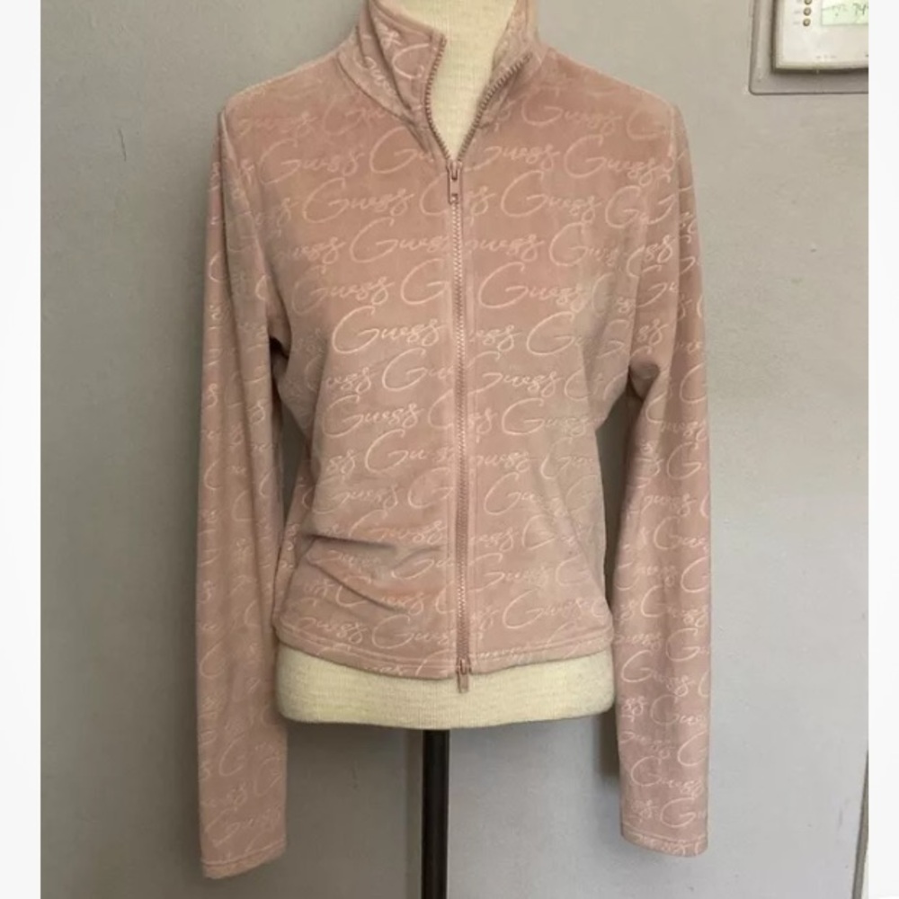 8-19 Guess Pink Top Full Zip Large Embossed Logo Y2K Cropped Velour